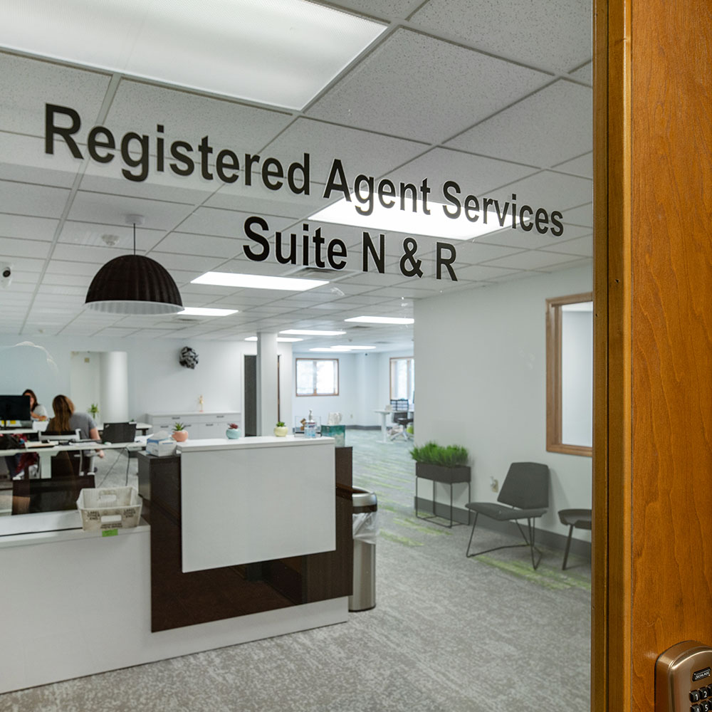 The inside office door of Registered Agent Services in Springfield, Illinois.