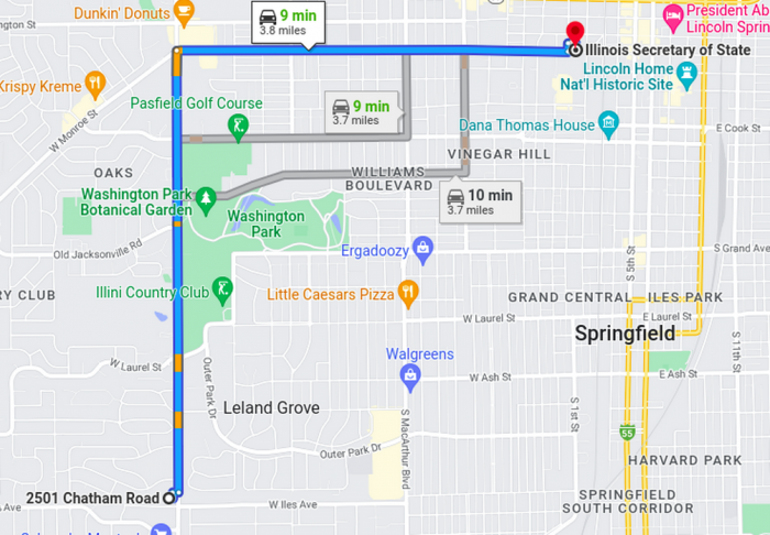 A map with directions from Illinois Registered Office to the Illinois secretary of state building